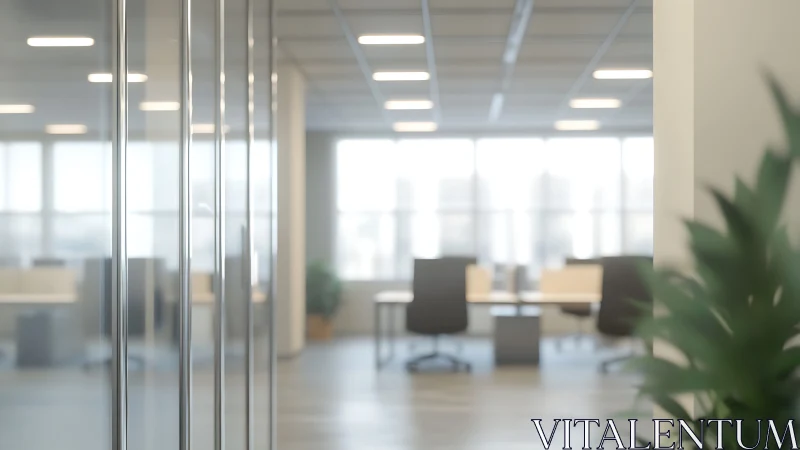 Glass office partition and open-plan workspace in soft focus