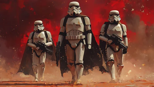 Armored sci fi troopers march through burning red battlefield