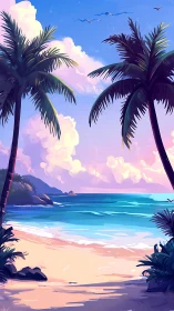 Tropical Paradise Beach at Sunset with Palm Trees