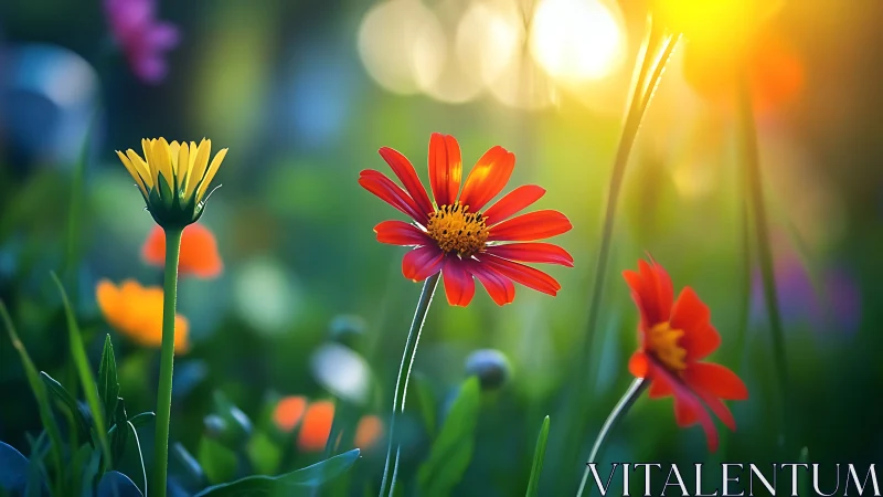 Vibrant Gerbera Daisies in Golden Hour Sunlight with Selective Focus Bokeh.