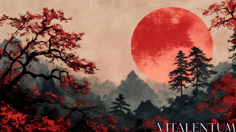 Crimson sun over misty pines in stylized sumi-e landscape.