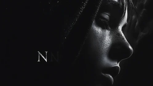 Monochrome digital portrait of hooded, shadowed face profile.