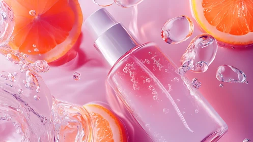 Grapefruit hydration serum bottle with dynamic water splash.