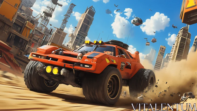 Futuristic desert rally truck drifting through vertical cityscape