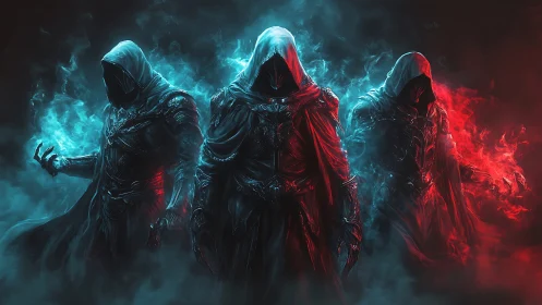 Triptych of spectral hooded warlocks in polarized neon aura.