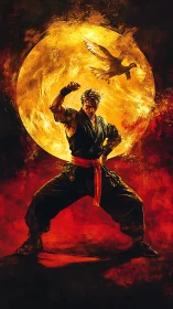 Martial artist under burning moon with soaring bird.