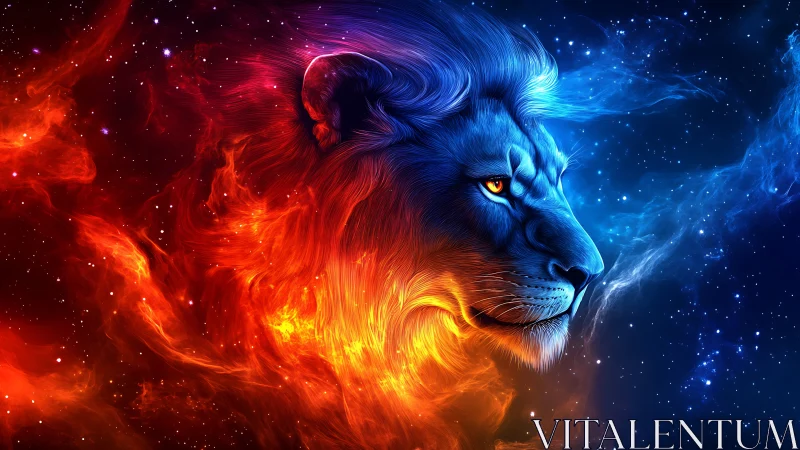 Bifurcated nebular lion rendered in chromatic thermal contrast.