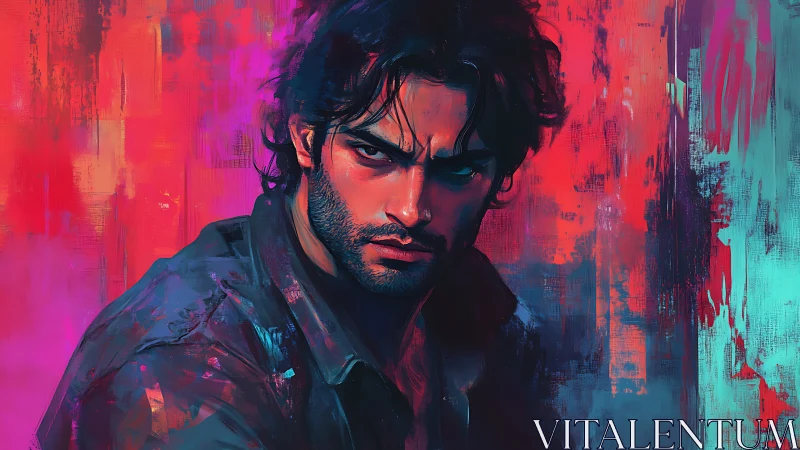 Intense male portrait in neon magenta cyan painterly lighting