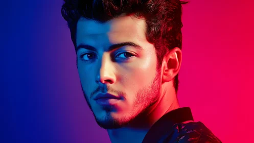 Male portrait under bold blue and magenta split lighting contrast