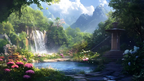 Digital landscape depicts garden pond, waterfall and mountains