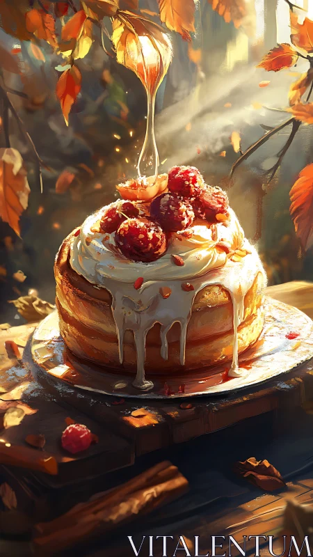 Layered Dessert with Red Berries Under Autumn Foliage.