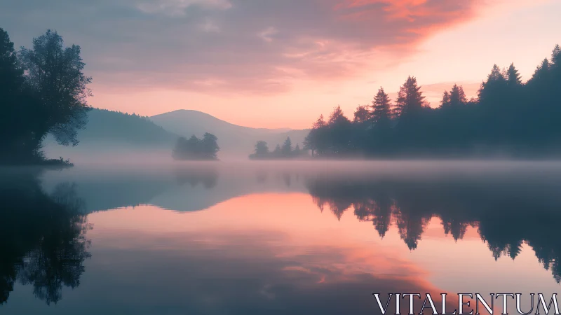 Symmetric mist-lake horizon with diffuse sunrise chromatics.