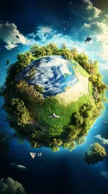 Lush miniature Earth sphere orbits through luminous deep space