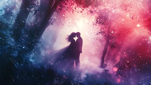 Silhouetted couple kissing surrounded by colorful sparkle particles.