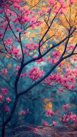 Pink magnolia blossoms on branching tree against soft bokeh.