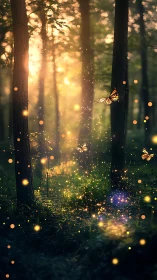 Enchanted Forest with Glowing Butterflies and Fireflies