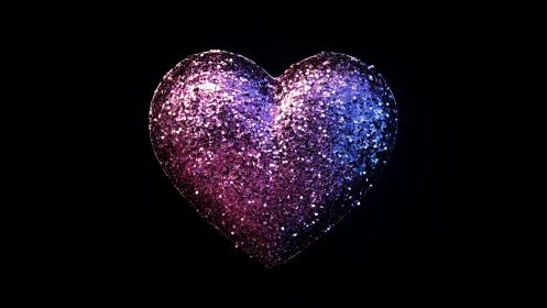 Glittering purple heart glows against deep black void.