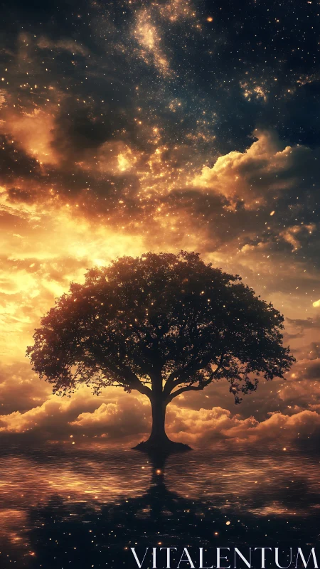 Lone celestial tree stands glowing beneath a star-swept sky