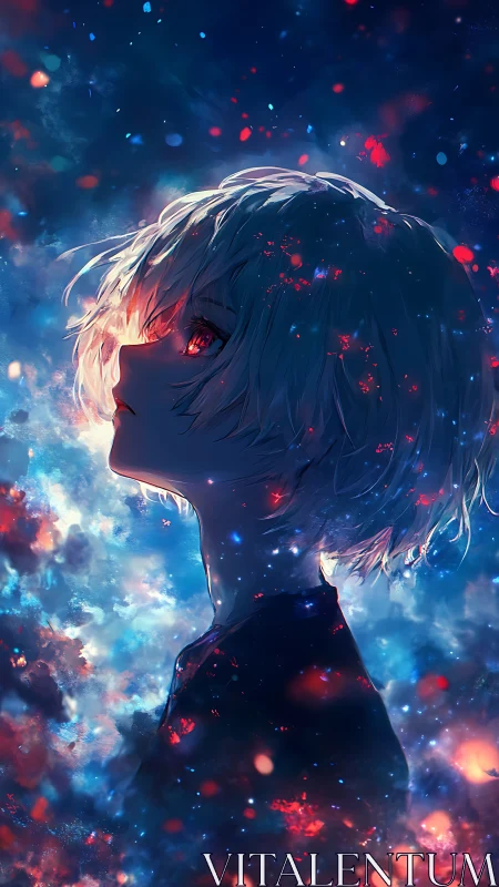 Stargazing profile of white haired anime figure in nebula glow.