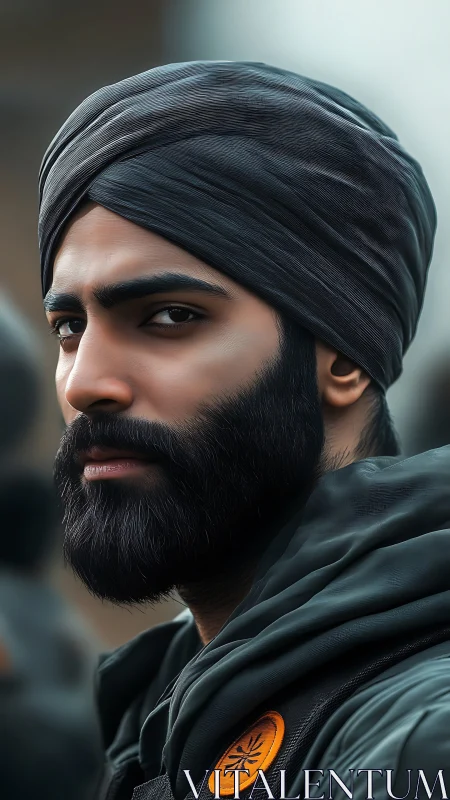 High-detail portrait of turbaned man in soft diffused daylight