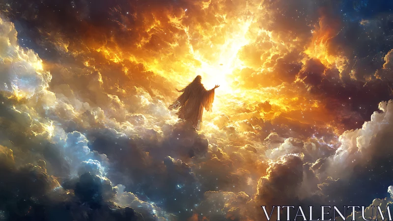 Radiant figure rising through clouds toward luminous dawn.