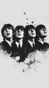 Four curious musicians gaze upward in dreamy grayscale.