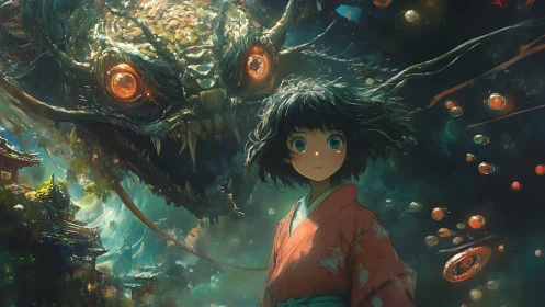 Girl in coral kimono faces glowing-eyed dragon spirit