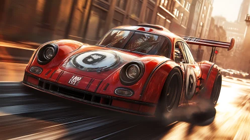 Red retro race car slices sunrise city streets.