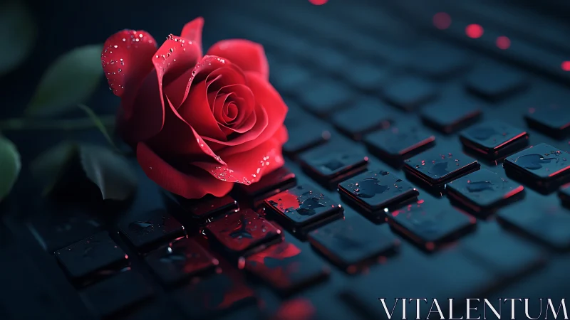 Red Rose on Dark Keyboard with Water Droplets.