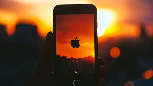 Smartphone silhouette framing vivid urban sunset sky.