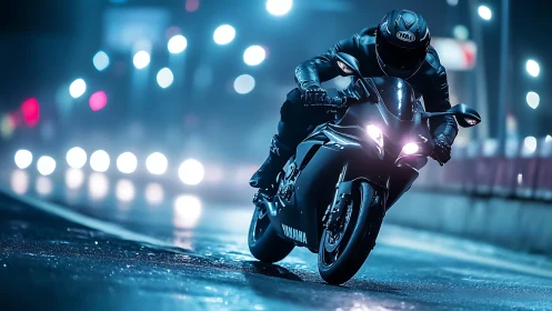 Midnight sportbike rider cutting through neon city haze.