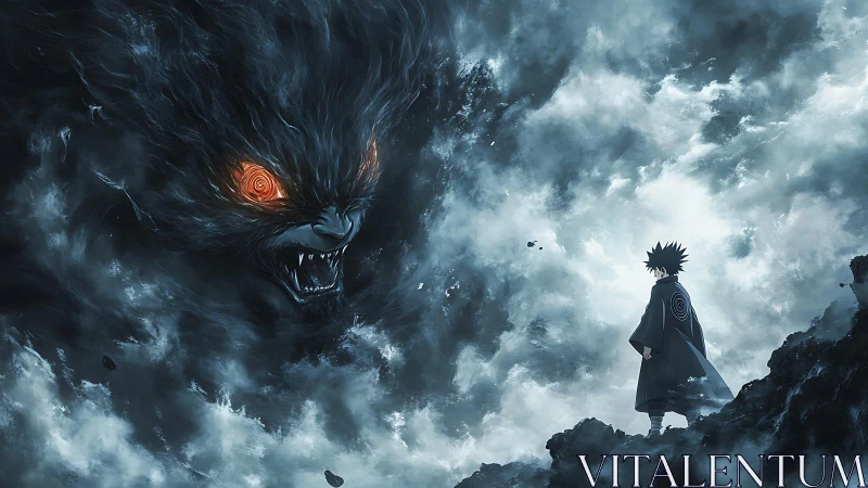 Human figure observing large cloud-formed beast in sky.