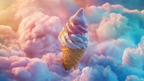 Soft serve ice cream cone in dreamy pastel clouds scene.