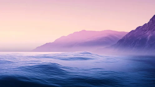 Gradient-lit ocean waves meet misty mountain coastline at dusk