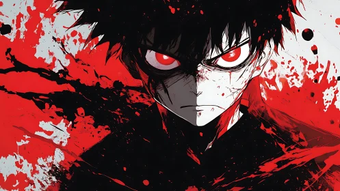Intense anime character with red eyes and splatter art.