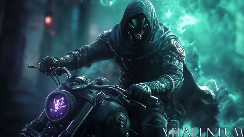 Mystic rider in neon fog racing through a ghostly city.