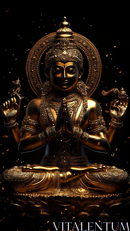 Golden multi-armed deity statue glows in sacred darkness.