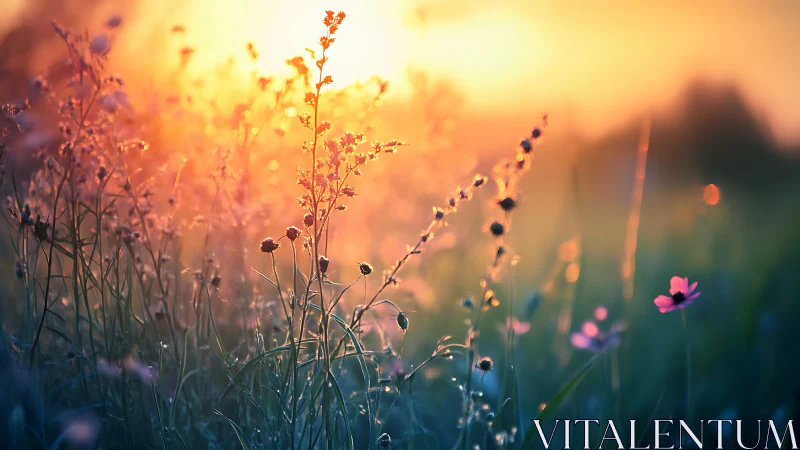 Wild meadow plants stand against a low sun at shallow focus