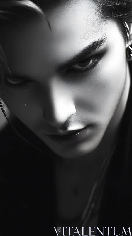Monochrome close-up portrait of androgynous person in shadow.