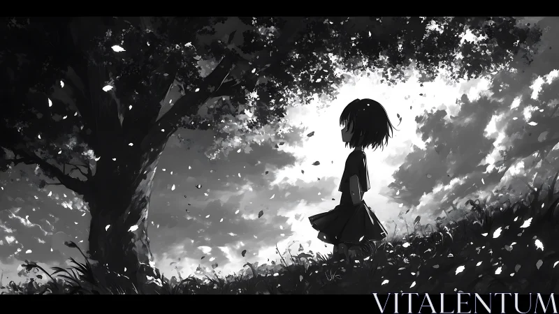 Silhouetted girl beneath large tree in windy grayscale field.