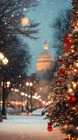 Snowy city street glows with cozy Christmas tree lights.