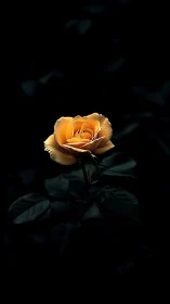 Golden Rose Blooming Against Darkness. Warm Light.