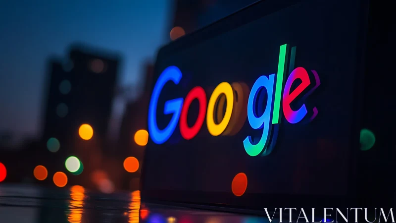 Google logo on illuminated screen against blurred cityscape.