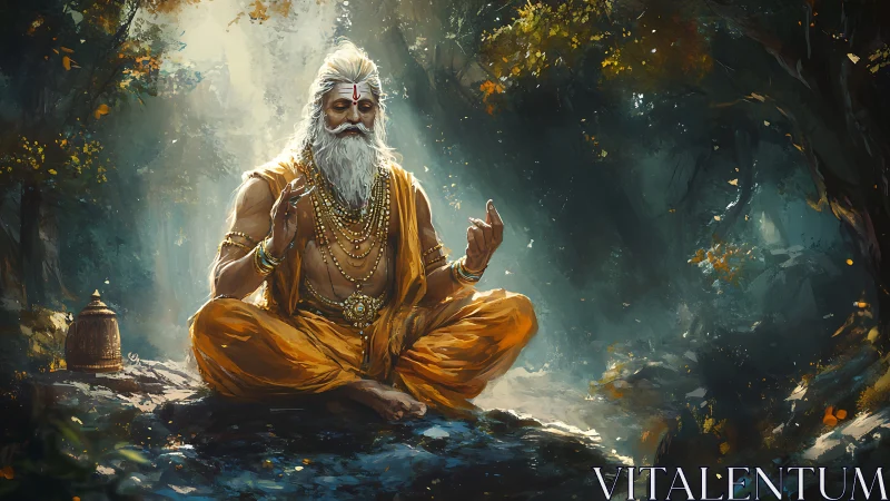 Meditating sage in golden robes within mystical forest