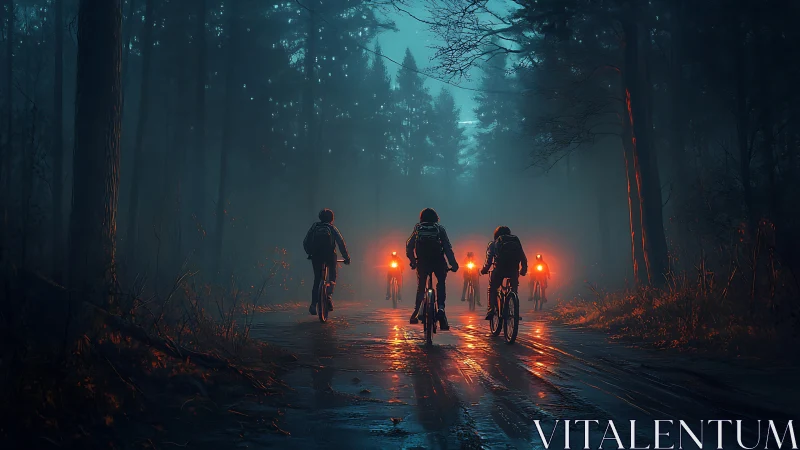 Cyclists ride foggy forest road under moody teal light.