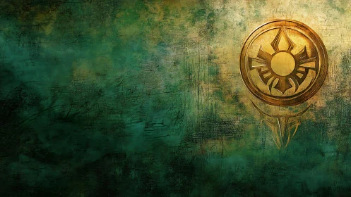 Sun sigil burns through emerald mist on weathered wall