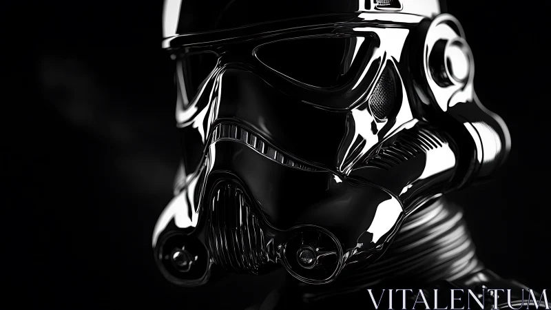 Chrome sci‑fi armored helmet rendered in reflective detail.