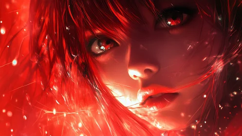 Radiant red haired anime girl gazes through glowing embers