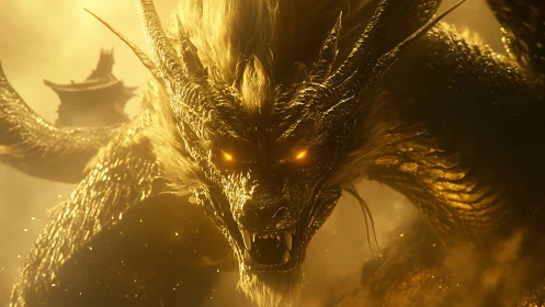 Golden-scaled oriental dragon roars in cinematic haze.