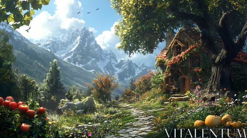 Mountain cottage in lush valley garden at late summer.